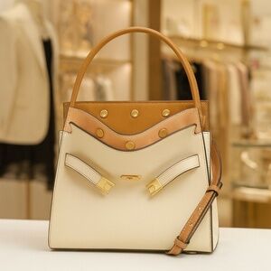 NEW Tory Burch Lee Radziwill Double New Moon Cream/Tan Pebbled Leather Small Bag